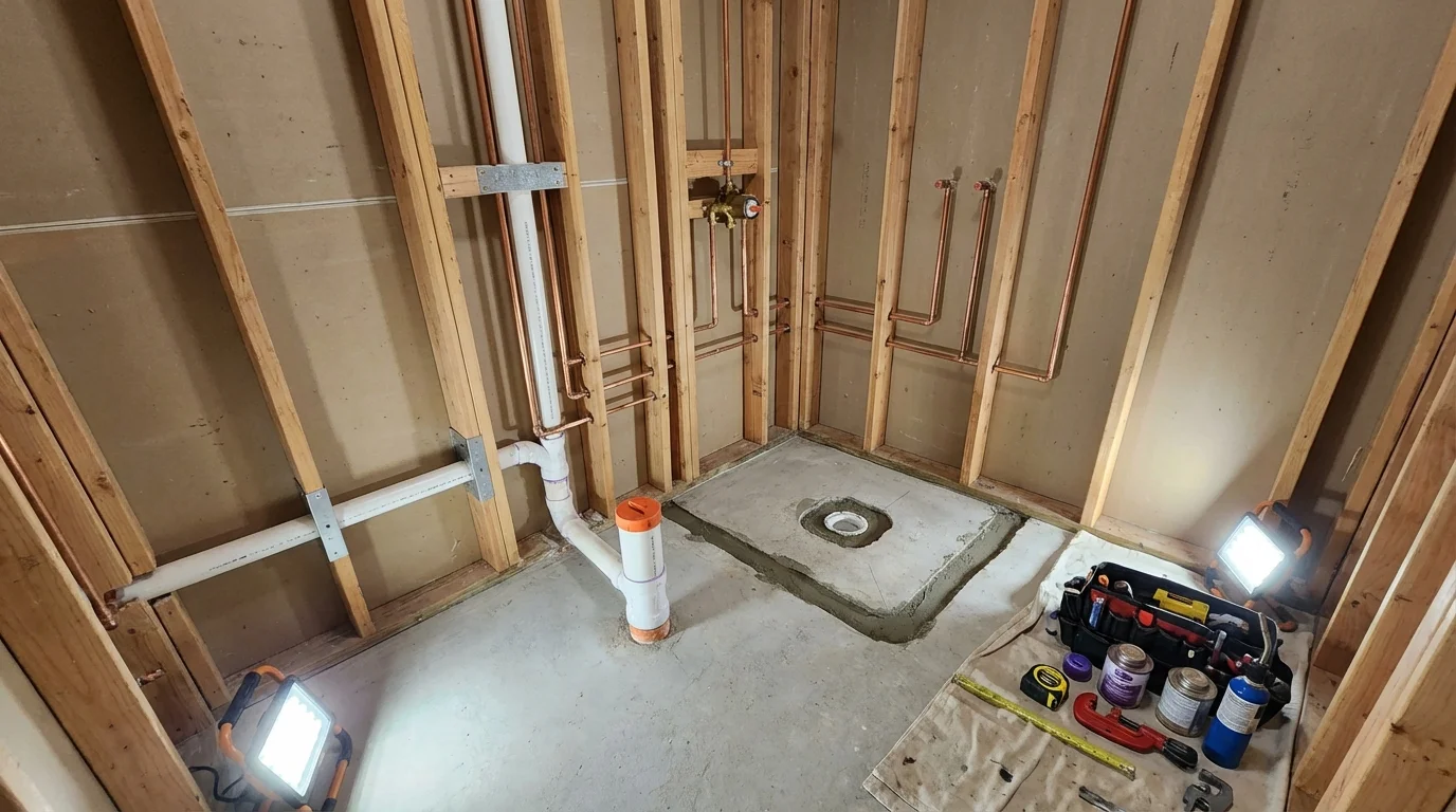 Bathroom rough-in plumbing during remodel by Johns Plumbing LLC in Loudonville