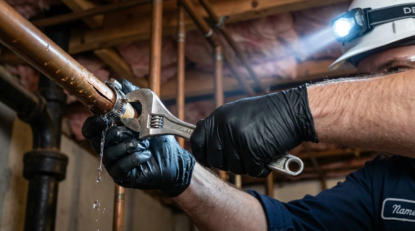 Emergency pipe clamp repair being performed by a Johns Plumbing LLC plumber in Loudonville