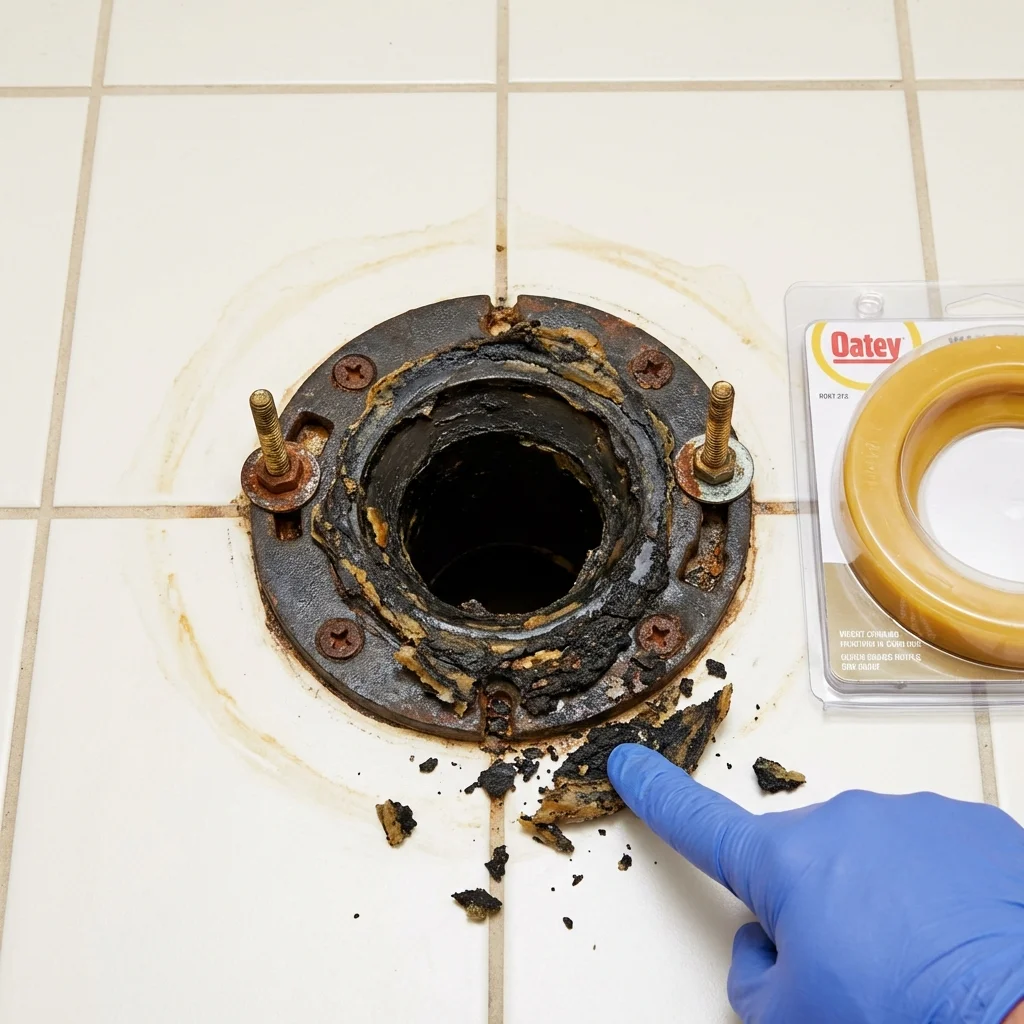 Failed wax ring showing water seepage at the base of a toilet in a Loudonville, OH home