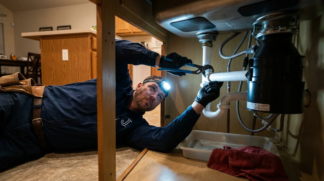 P-trap and supply line connections under a kitchen sink showing a common leak point in Loudonville, OH